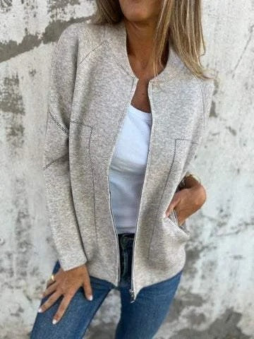 Women's knitted bomber cardigan jacket with stand collar, zip front and front pockets