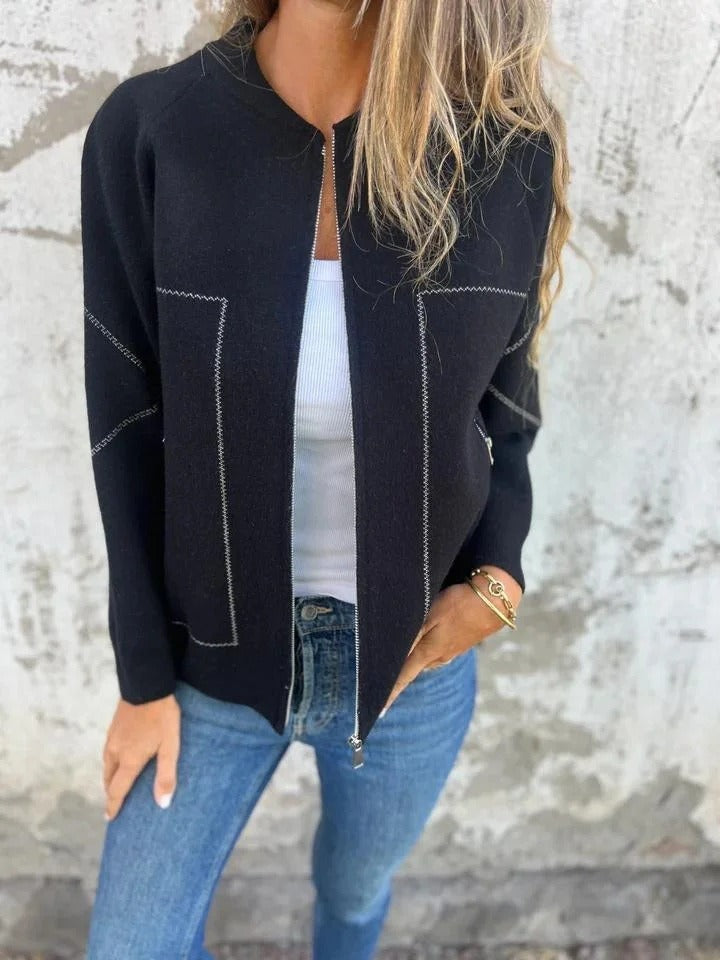 Women's knitted bomber cardigan jacket with stand collar, zip front and front pockets