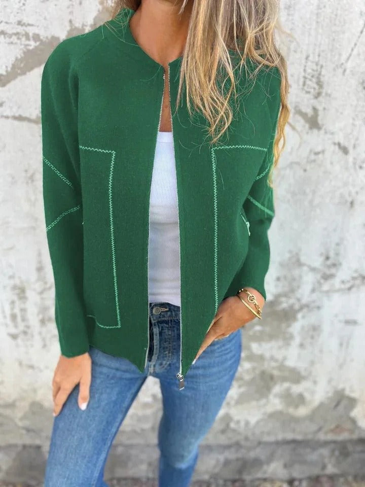 Women's knitted bomber cardigan jacket with stand collar, zip front and front pockets