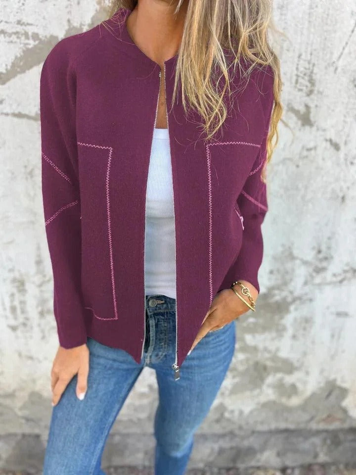 Women's knitted bomber cardigan jacket with stand collar, zip front and front pockets