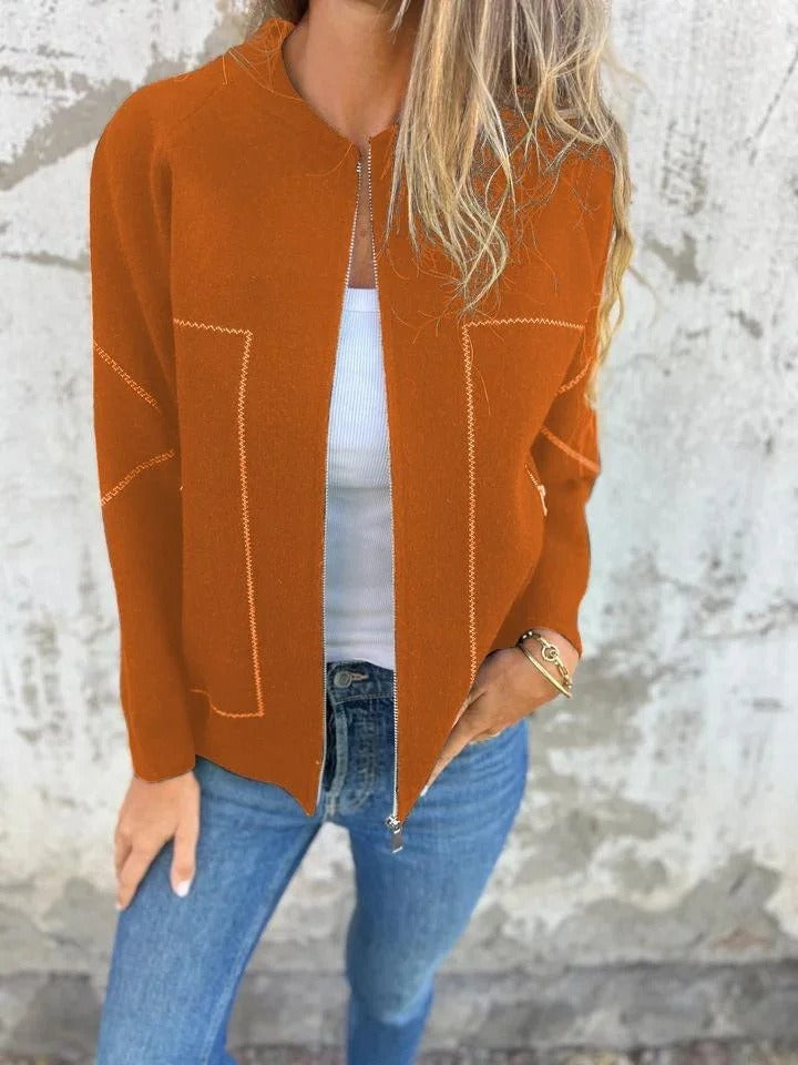 Women's knitted bomber cardigan jacket with stand collar, zip front and front pockets