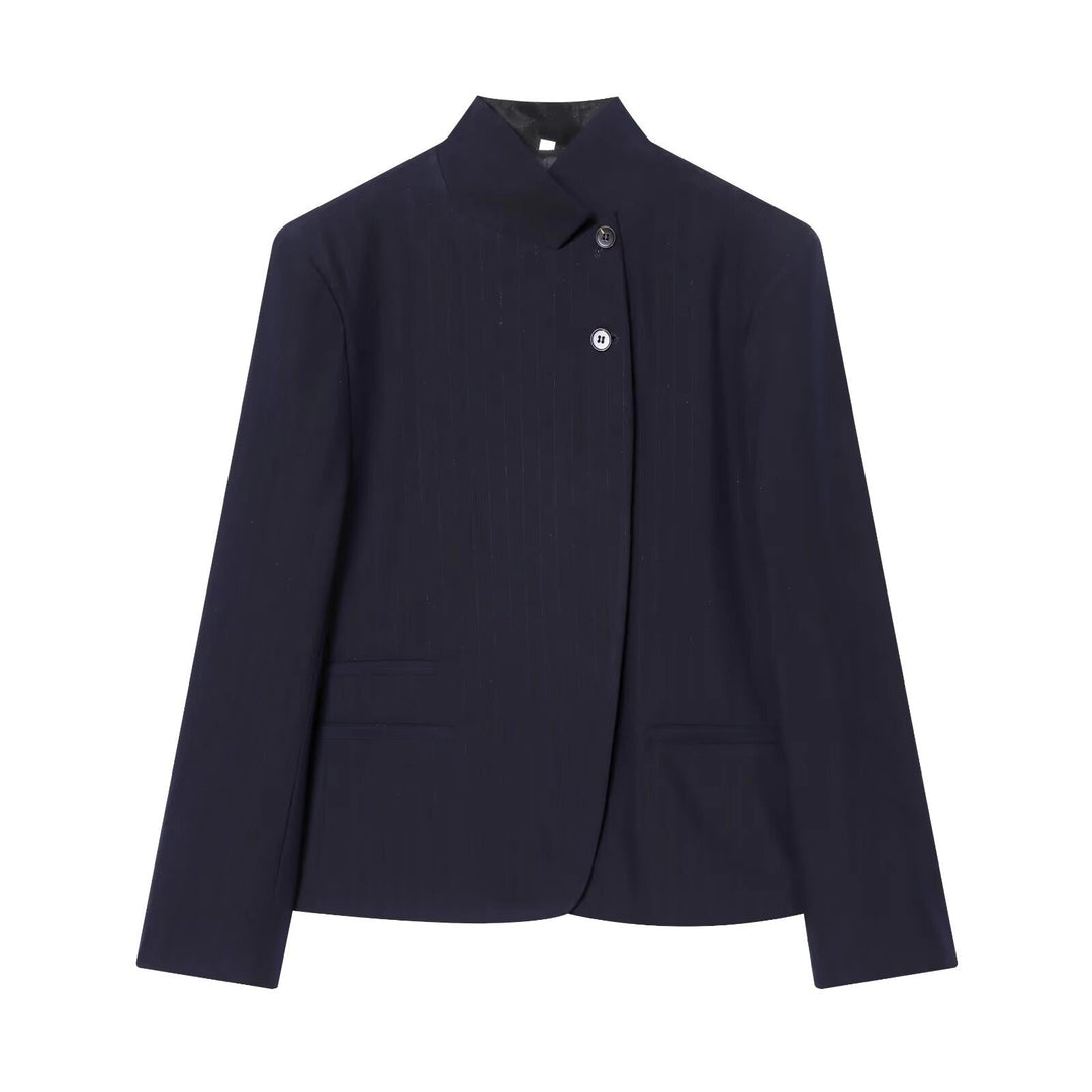 Women's collarless button blazer with long sleeves and front pockets