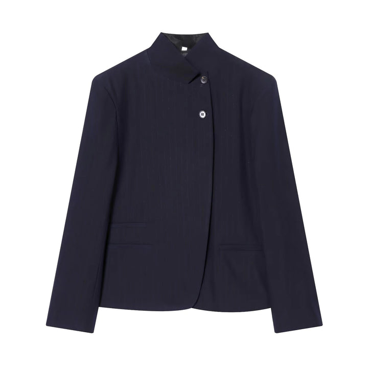 Women's collarless button blazer with long sleeves and front pockets