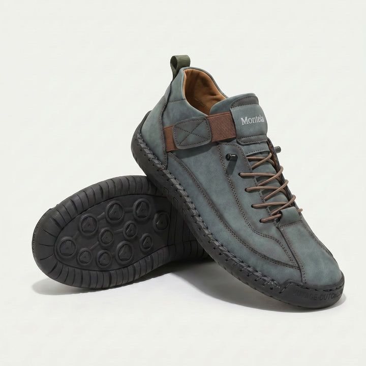 High-top lace-up sneakers with stitched panels, side strap detail and textured flat soles