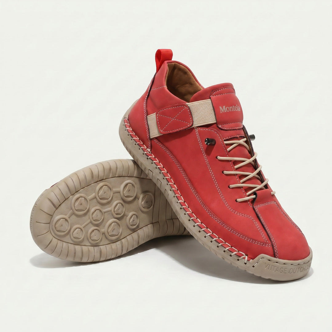 High-top lace-up sneakers with stitched panels, side strap detail and textured flat soles