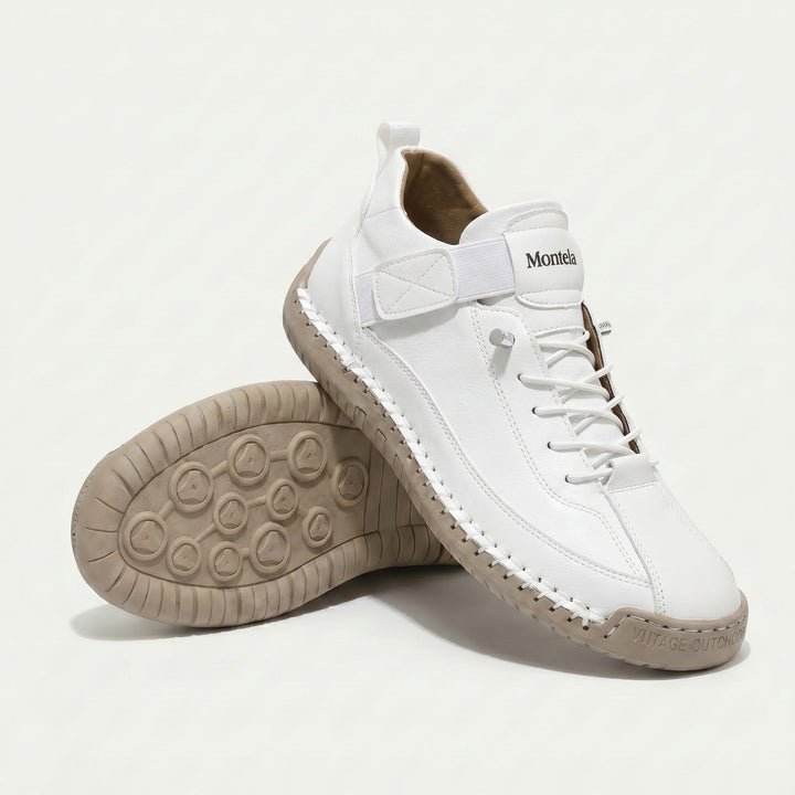 High-top lace-up sneakers with stitched panels, side strap detail and textured flat soles