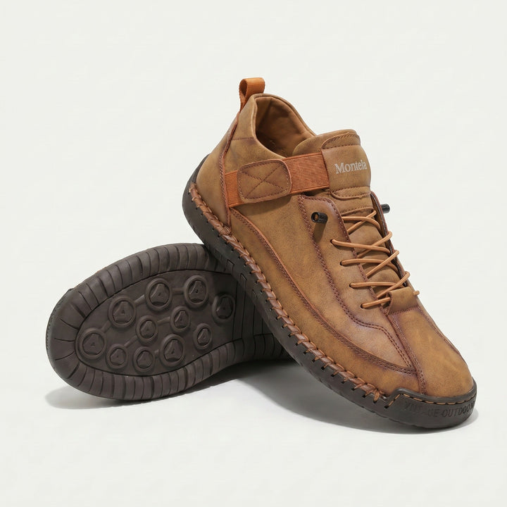High-top lace-up sneakers with stitched panels, side strap detail and textured flat soles
