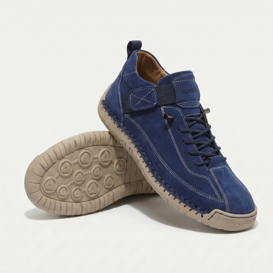 High-top lace-up sneakers with stitched panels, side strap detail and textured flat soles