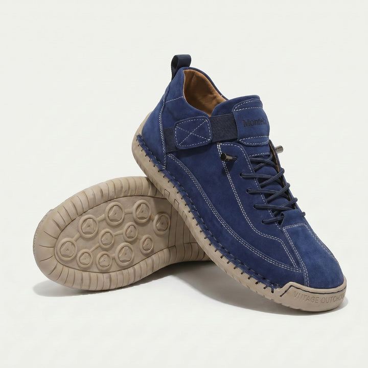 High-top lace-up sneakers with stitched panels, side strap detail and textured flat soles