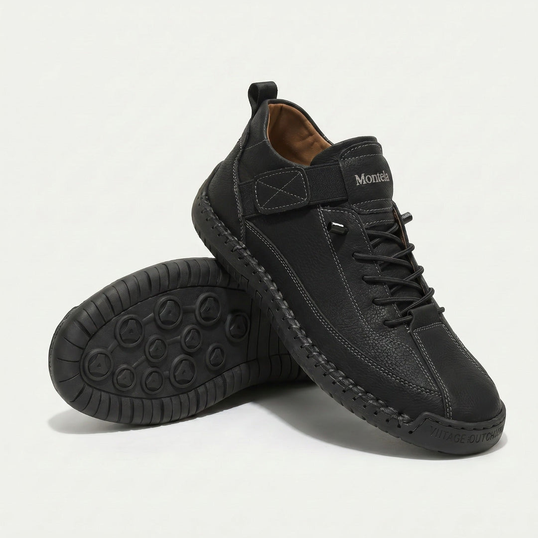 High-top lace-up sneakers with stitched panels, side strap detail and textured flat soles