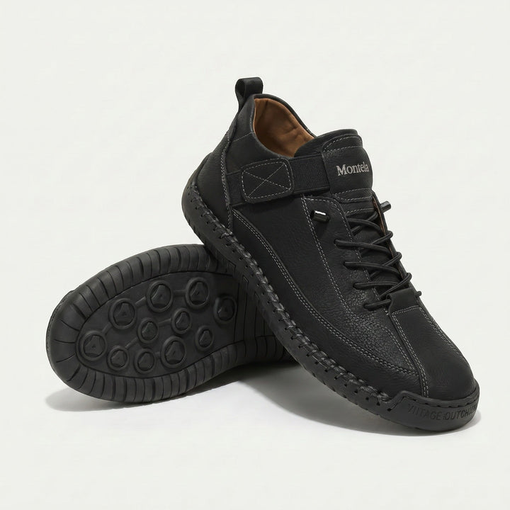 High-top lace-up sneakers with stitched panels, side strap detail and textured flat soles