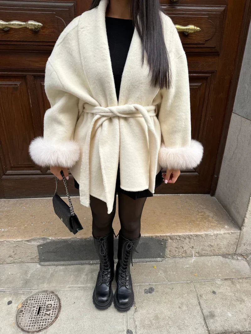 Women's belted wrap coat with fluffy cuffs