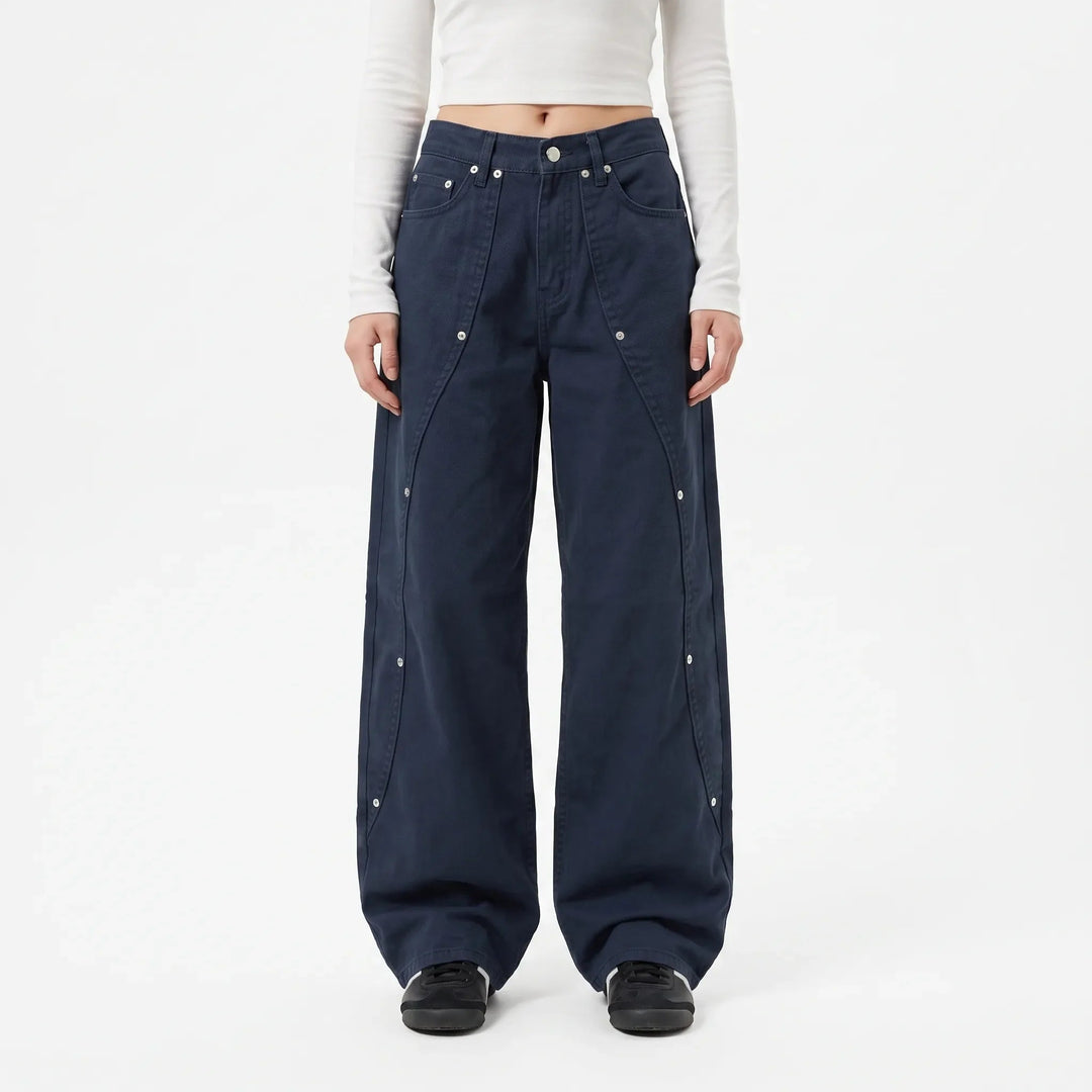 Women's dark navy high-waisted wide-leg jeans with overlapping front panels