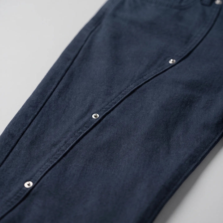 Women's dark navy high-waisted wide-leg jeans with overlapping front panels