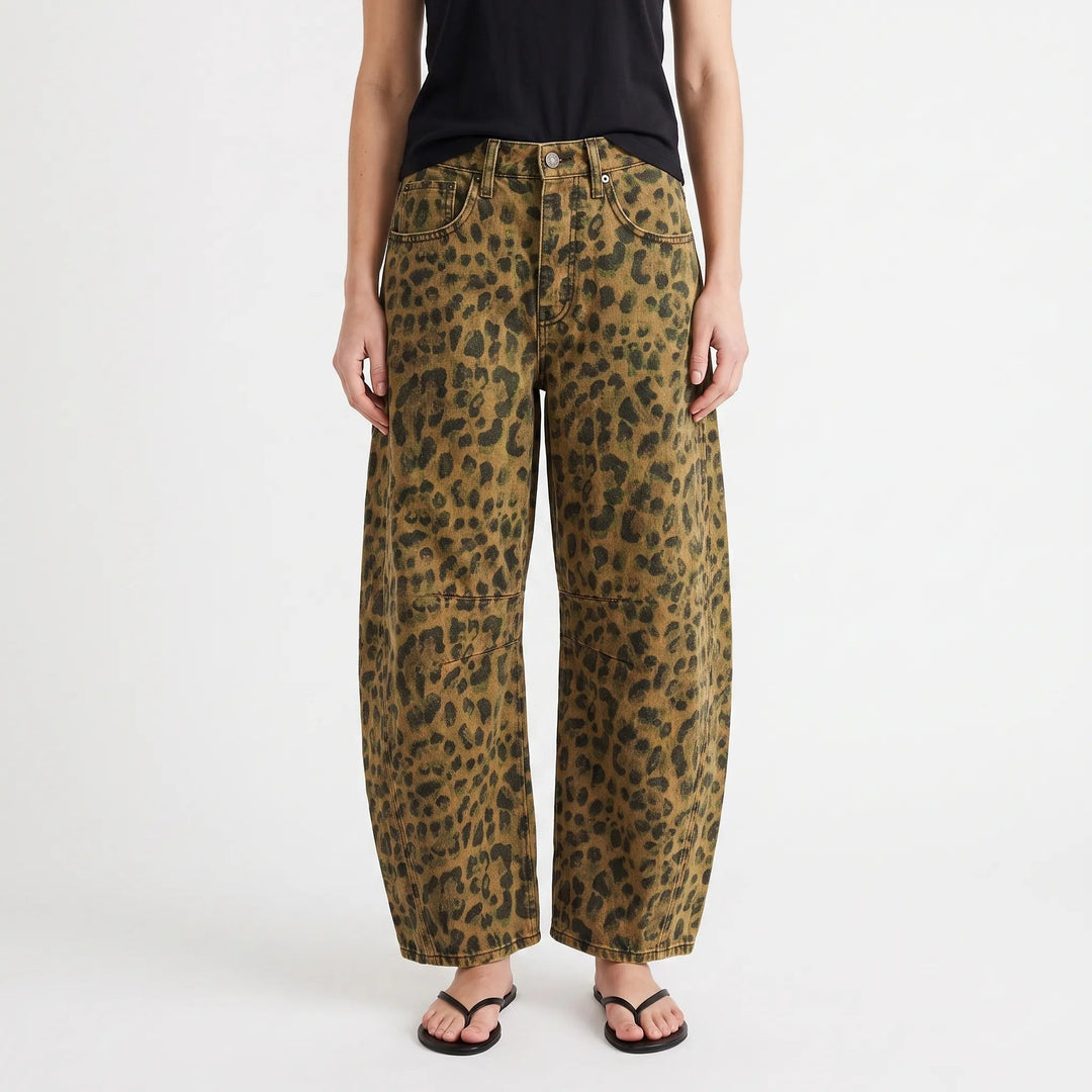 Women's brown leopard print high-rise wide leg jeans