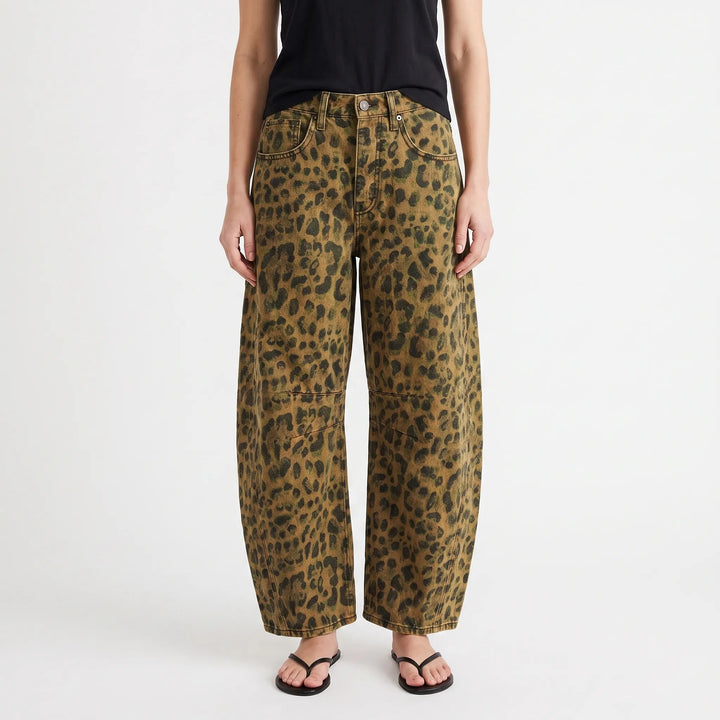 Women's brown leopard print high-rise wide leg jeans