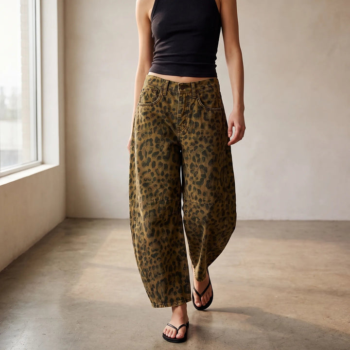 Women's brown leopard print high-rise wide leg jeans