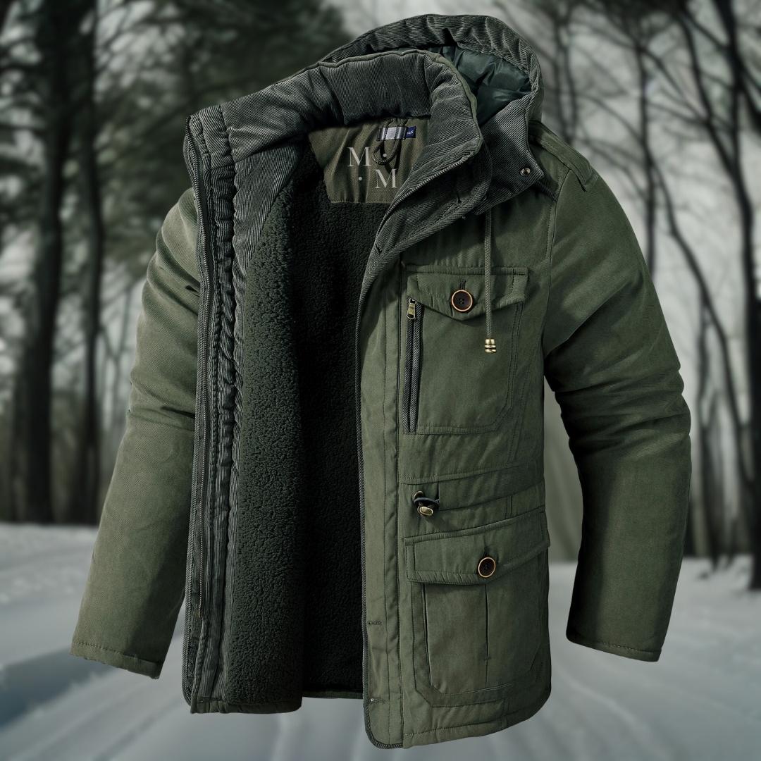 Men's hooded winter jacket with fleece lining and multiple utility pockets