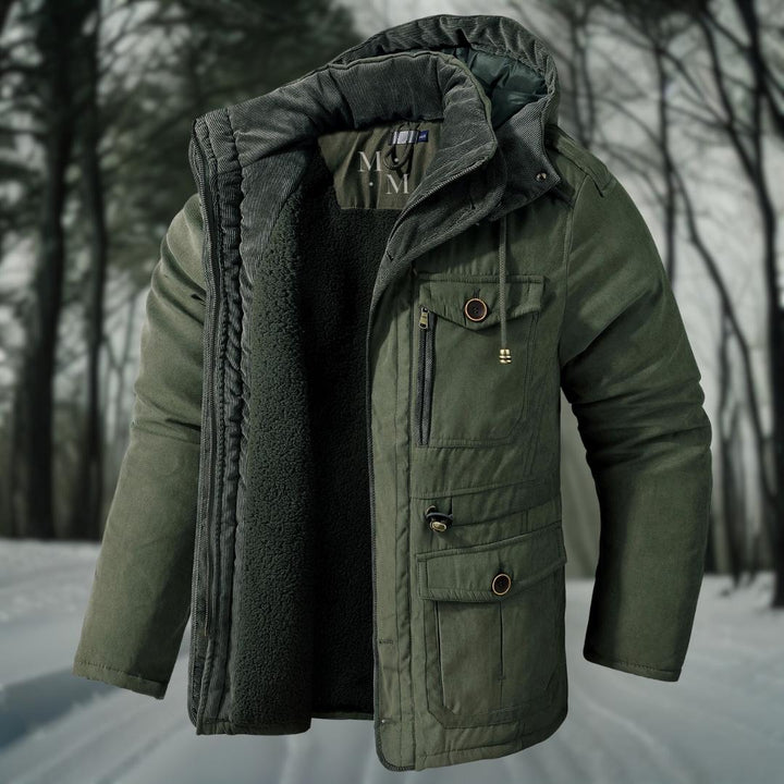 Men's hooded winter jacket with fleece lining and multiple utility pockets