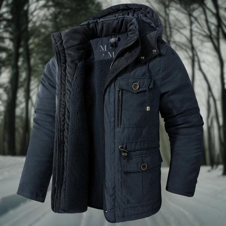 Men's hooded winter jacket with fleece lining and multiple utility pockets