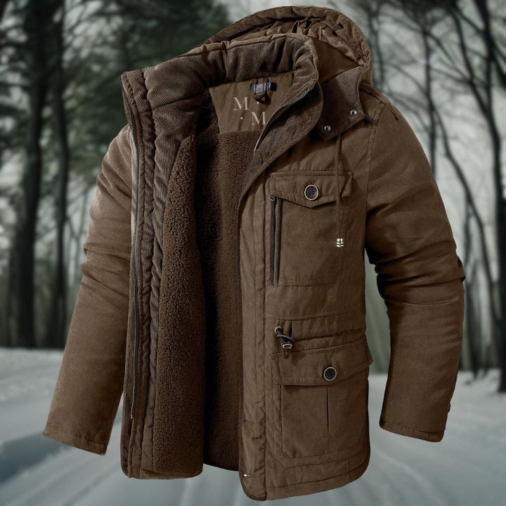 Men's hooded winter jacket with fleece lining and multiple utility pockets
