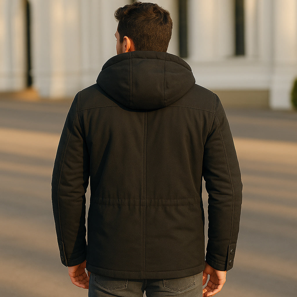 Men's hooded winter jacket with fleece lining and multiple utility pockets