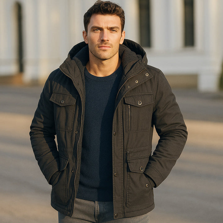 Men's hooded winter jacket with fleece lining and multiple utility pockets