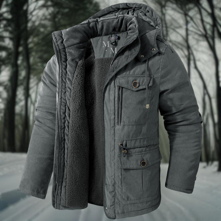 Men's hooded winter jacket with fleece lining and multiple utility pockets
