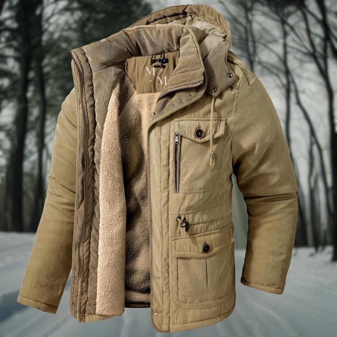 Men's hooded winter jacket with fleece lining and multiple utility pockets
