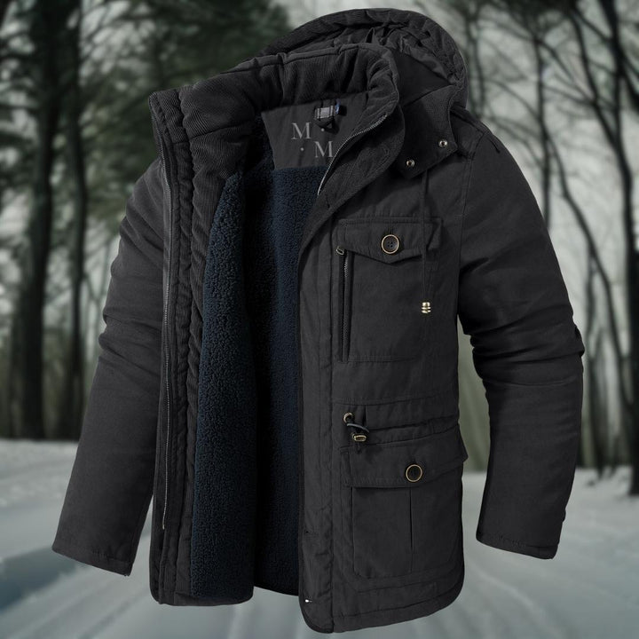 Men's hooded winter jacket with fleece lining and multiple utility pockets