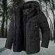 Men's hooded winter jacket with fleece lining and multiple utility pockets