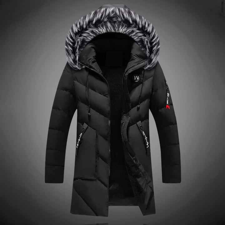 Men's longline padded hooded coat with faux fur trim and zipped pockets