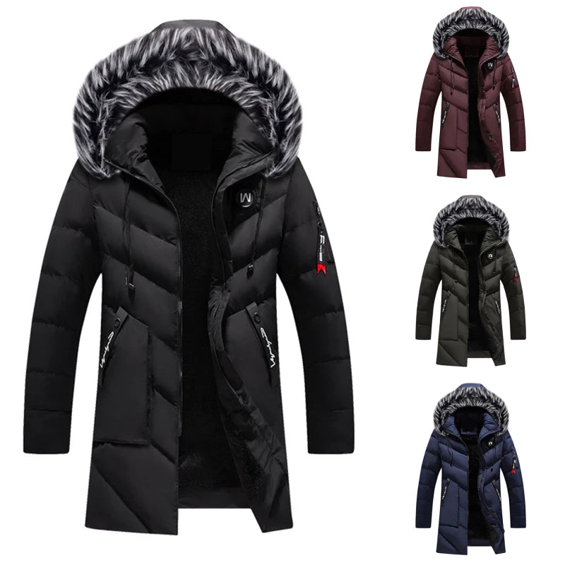 Men's longline padded hooded coat with faux fur trim and zipped pockets