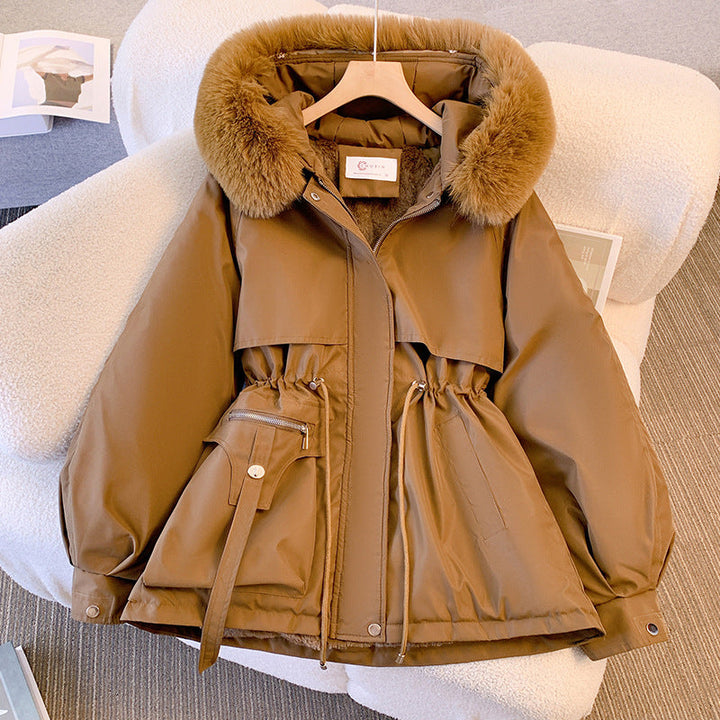 Women's hooded winter parka with fur trim and drawstring waist