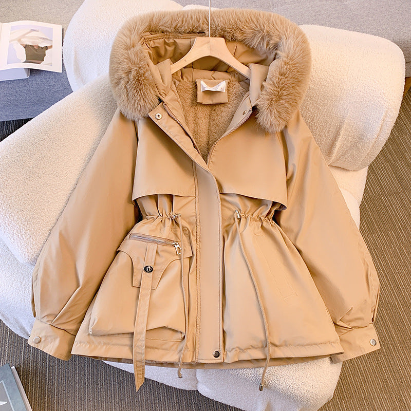 Women's hooded winter parka with fur trim and drawstring waist