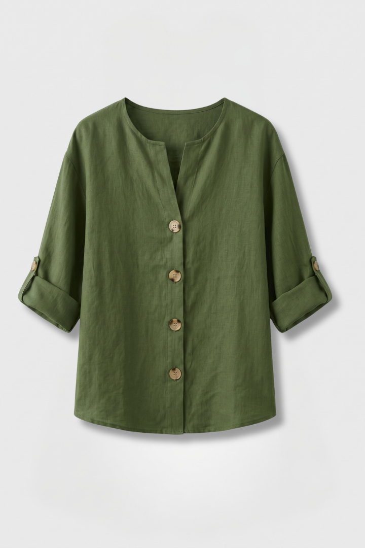 Women's Button Front Blouse — V-Neck Rolled Sleeve Cotton Linen Top