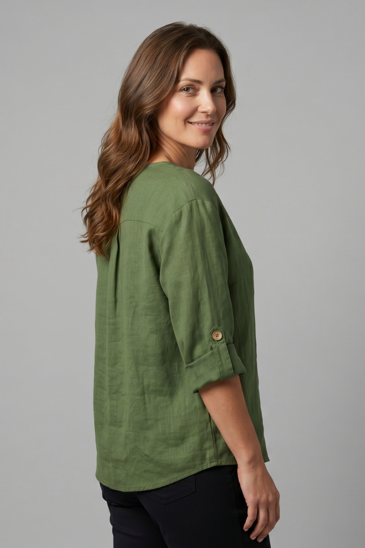 Women's Button Front Blouse — V-Neck Rolled Sleeve Cotton Linen Top