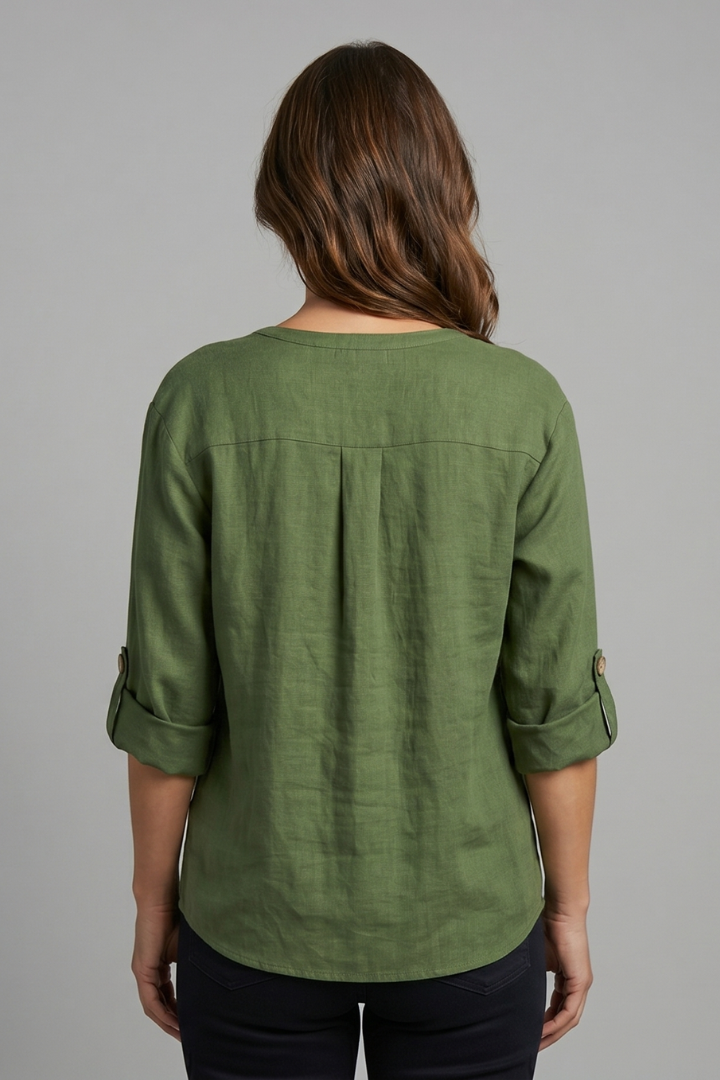 Women's Button Front Blouse — V-Neck Rolled Sleeve Cotton Linen Top