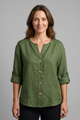 Women's Button Front Blouse — V-Neck Rolled Sleeve Cotton Linen Top