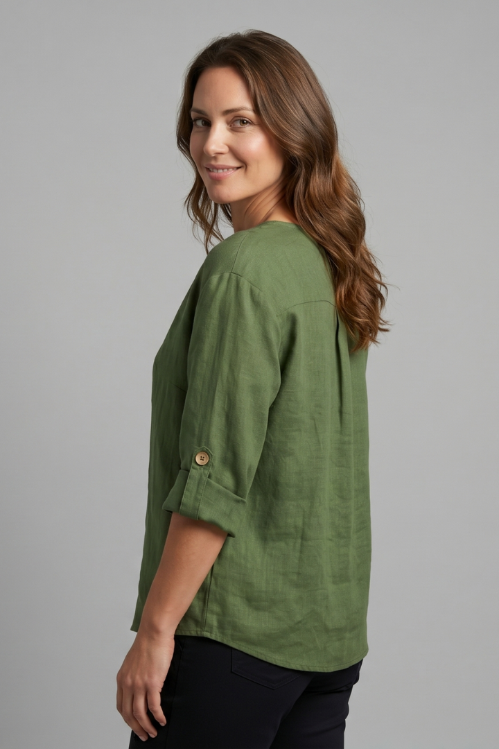 Women's Button Front Blouse — V-Neck Rolled Sleeve Cotton Linen Top