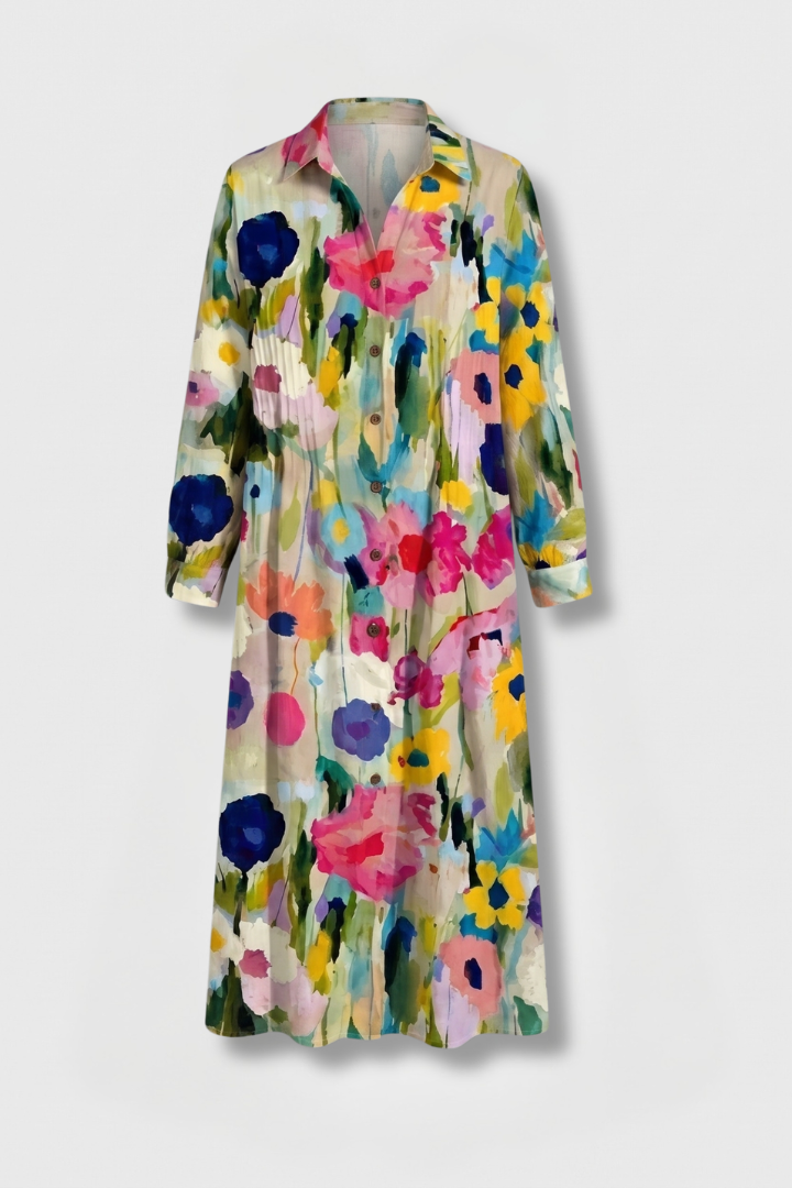 Women's Boho Print Dress — Collared V-Neck Button-Front Long Sleeve Dress