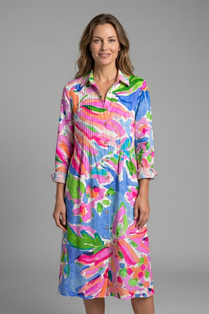Women's Boho Print Dress — Collared V-Neck Button-Front Long Sleeve Dress