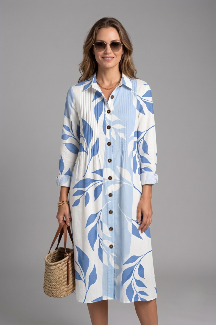 Women's Boho Print Dress — Collared V-Neck Button-Front Long Sleeve Dress
