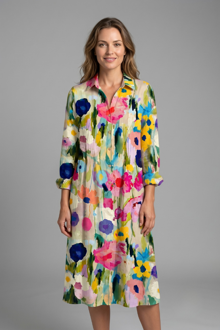 Women's Boho Print Dress — Collared V-Neck Button-Front Long Sleeve Dress
