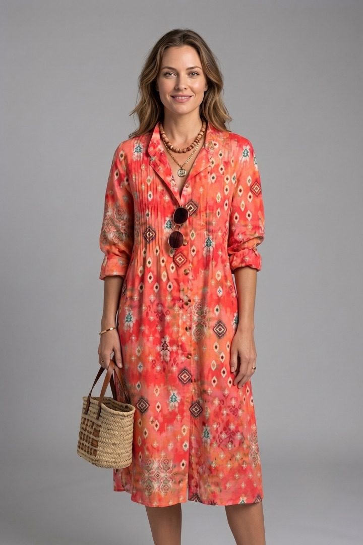 Women's Boho Print Dress — Collared V-Neck Button-Front Long Sleeve Dress