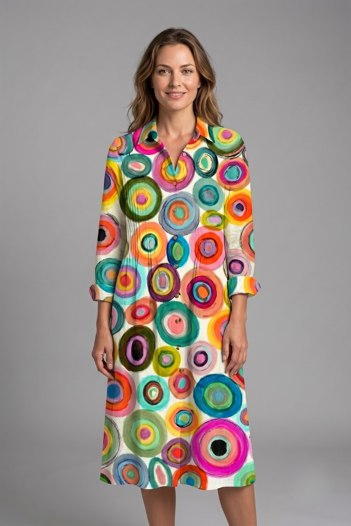Women's Boho Print Dress — Collared V-Neck Button-Front Long Sleeve Dress