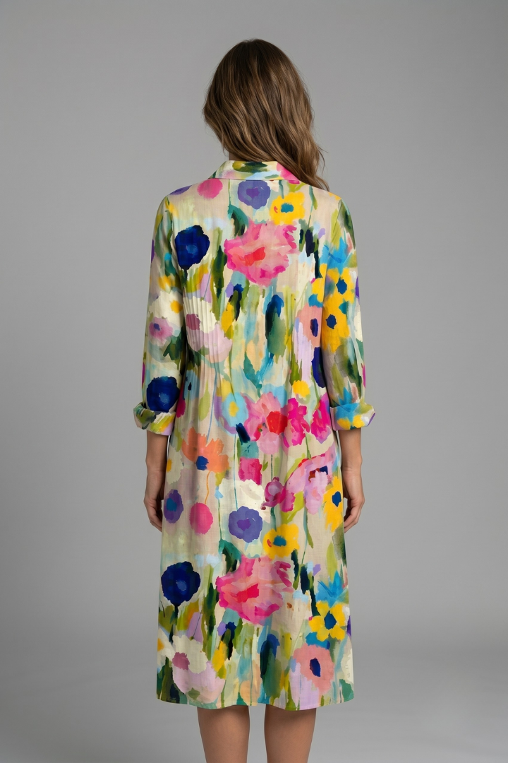 Women's Boho Print Dress — Collared V-Neck Button-Front Long Sleeve Dress