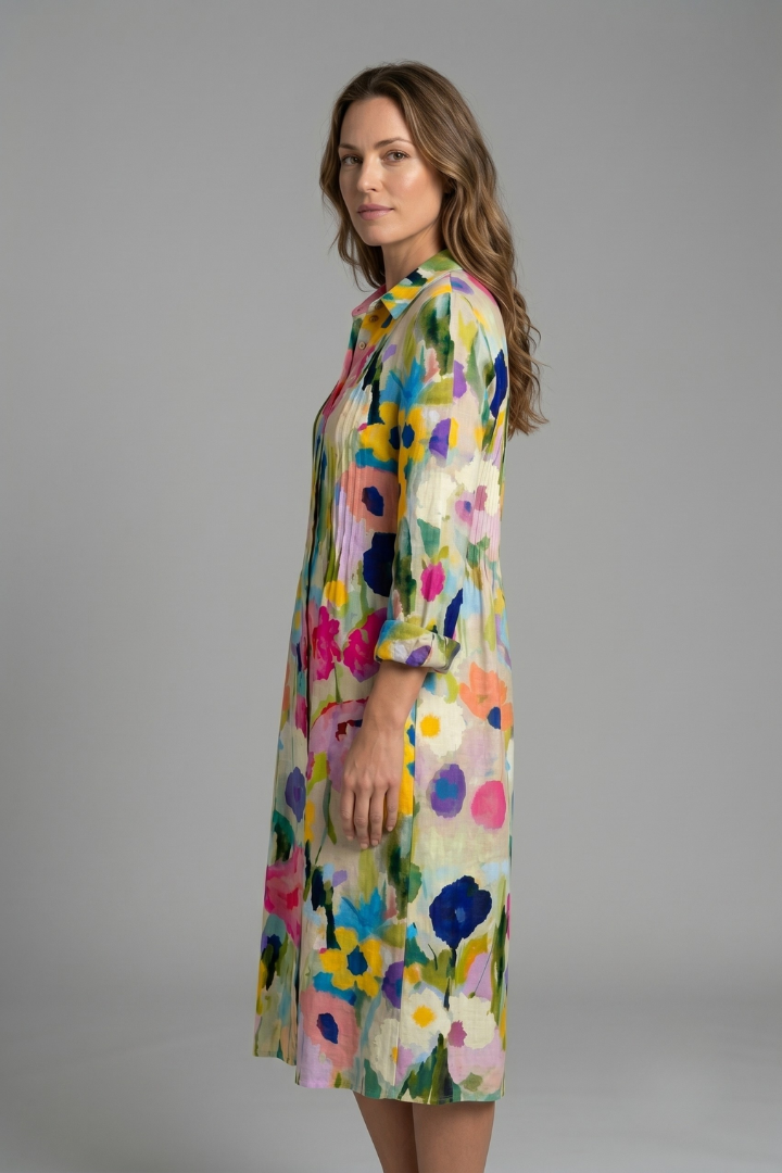 Women's Boho Print Dress — Collared V-Neck Button-Front Long Sleeve Dress