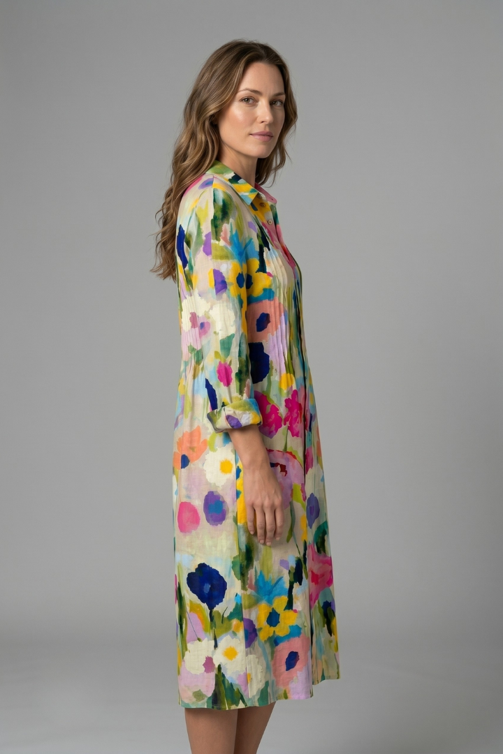 Women's Boho Print Dress — Collared V-Neck Button-Front Long Sleeve Dress