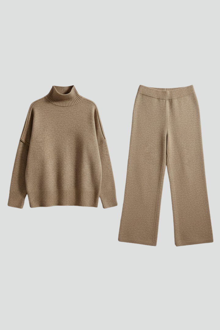 Women’s Knitted Set with Polo Neck Jumper and Wide-Leg Trousers - Image 1